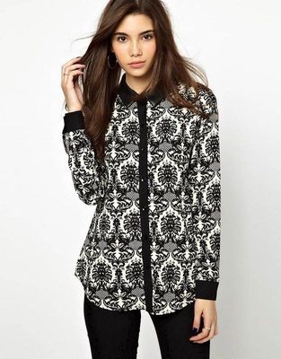 2014夏季欧美款经典黑白复古印花长袖拼接衬衫 一款历久弥新的女装批发焦点